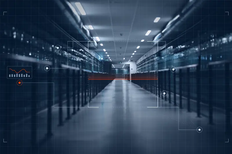 Aisle of server racks in a data centre