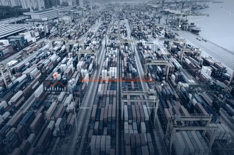 Aerial view of a busy container terminal